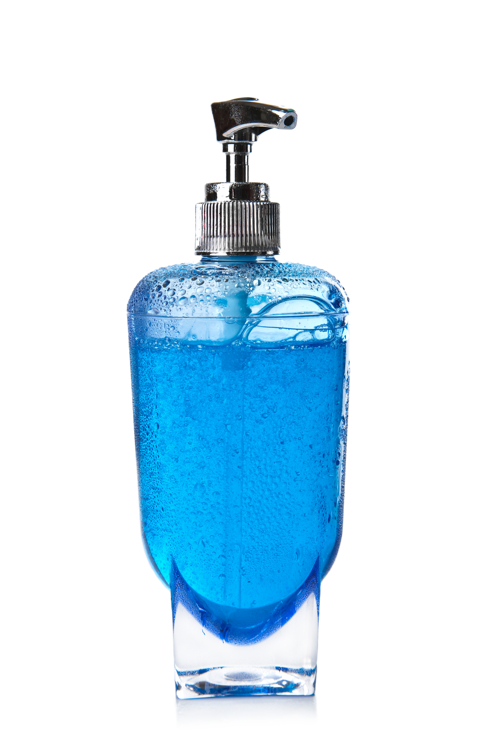 透明瓶中的蓝色液体肥皂隔离液体